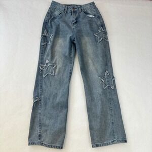 Y2K Star Patch Wide Leg Jeans Medium Wash Distressed Straight Leg Denim Small